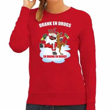 Foute kerstsweater / verkleedkleren drank en drugs rood voor dames