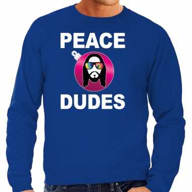 Hippie jezus kerstbal sweater / kerst verkleedkleren peace dudes blauw voor heren