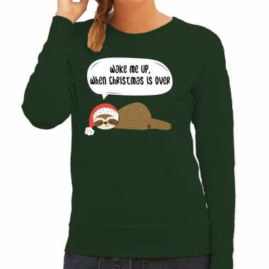 Luiaard kerstsweater / verkleedkleren wake me up when christmas is over groen voor dames