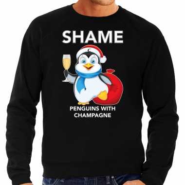 Pinguin kerstsweater / verkleedkleren shame penguins with champagne zwart voor heren