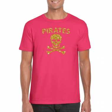 Piraten shirt / foute party verkleedkleren / verkleedkleren goud glitter roze heren