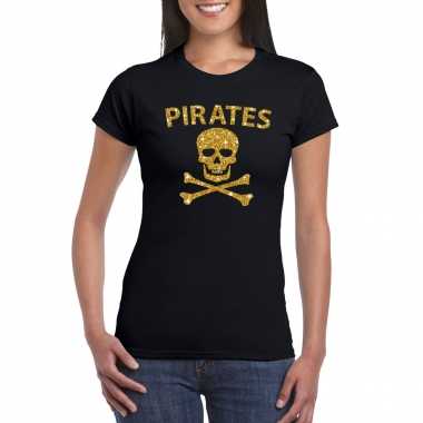 Piraten shirt / foute party verkleedkleren / verkleedkleren goud glitter zwart dames