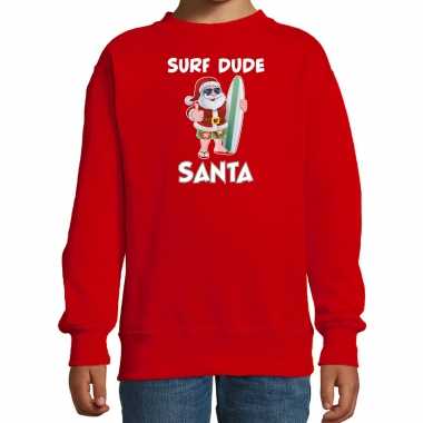 Surf dude santa fun kerstsweater / verkleedkleren rood voor kinderen