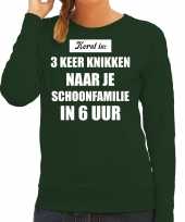 Groene foute kersttrui sweater kerst is 3 keer knikken naar schoonfamilie verkleedkleren dames